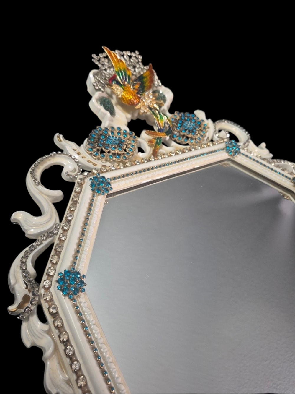 Ornate White Decorative Humming Bird Mirror with Blue Crystal Accents 32"x16"